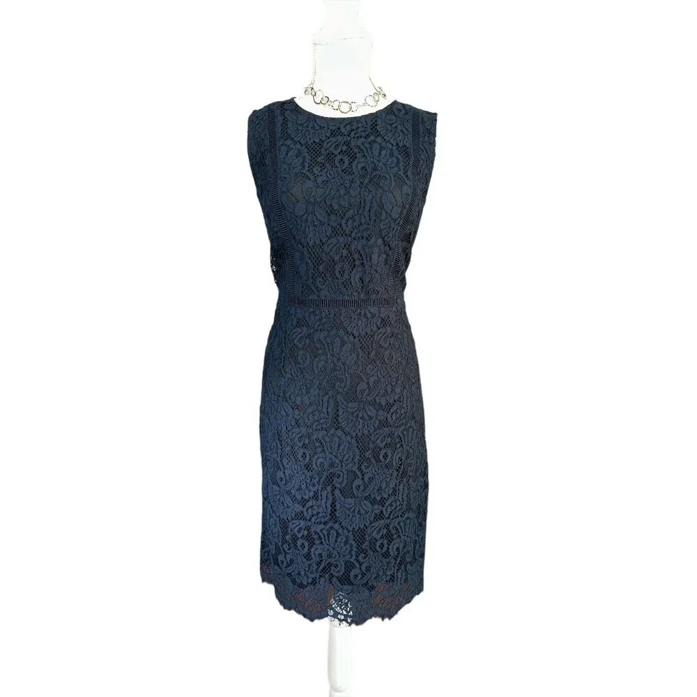 Banana Republic Dress Womens 8 Navy Lace Sheath Sleeveless Back Zipper Crew Neck
